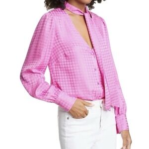 Veronica Beard Nicky Tie Neck Houndstooth Jacquard 100% Silk Blouse Pink Size 4